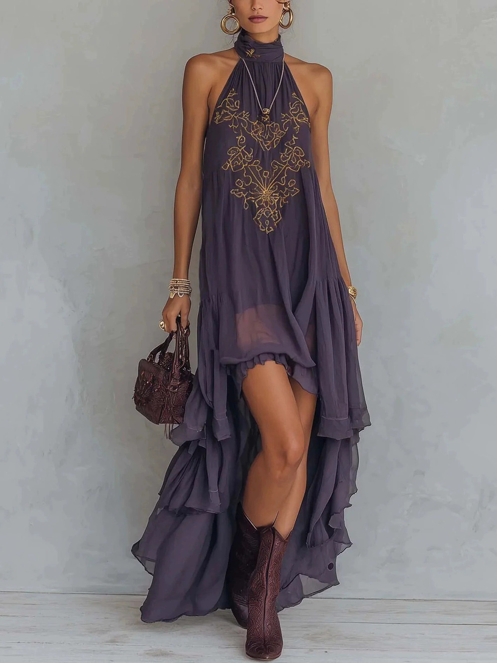 ZARA French Style Purple Embroidered High Neck Sleeveless Ruffled Maxi Dress